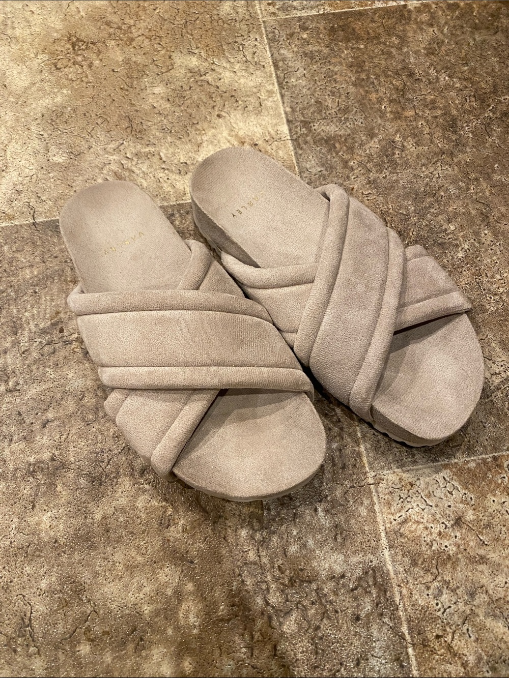 Varley Plush Cross-Band Slide Sandals in Taupe, Size 37
